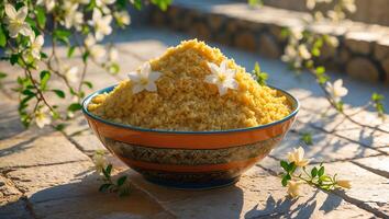 Serving of Couscous in Bowl with Flowers on Stone Surface photo