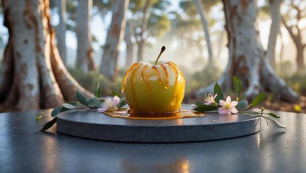 Green Apple with Drizzle on Round Surface in Forest Setting photo