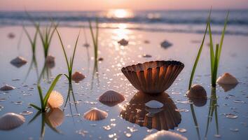Seashells and Grass Blades Reflecting Sunset on Wet Sandy Beach photo