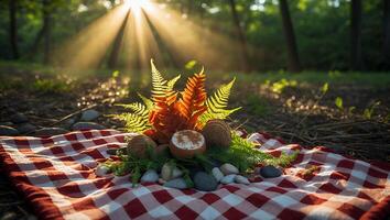 Picnic Arrangement in Forest with Red Checkered Blanket and Flowers photo