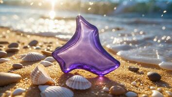 Purple Glass Piece on Sandy Beach with Sea and Sunlight photo