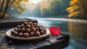 Plate of Chestnuts with Autumn Leaf by River at Sunrise photo
