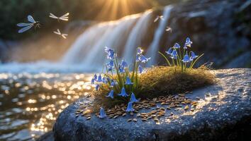 Bluebell Flowers by Waterfall with Flying Insects in Golden Sunlight photo