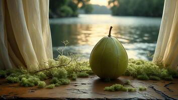 Green Fruit Still Life with Mossy Decor by Lake at Sunset photo