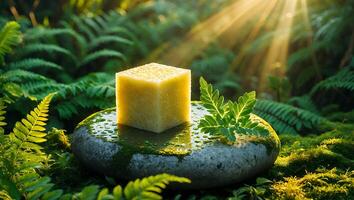 Yellow Cube Resting on Stone Surrounded by Ferns in Sunlight photo