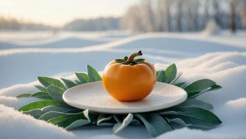 Persimmon Still Life on Plate in Snowy Winter Landscape photo