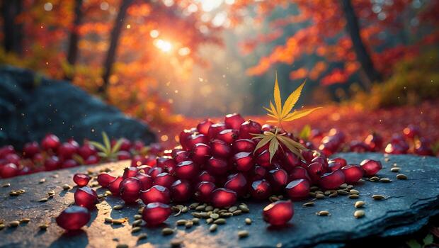 Pile of Pomegranate Seeds on Stone Slab with Autumnal Background photo