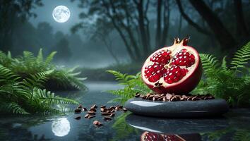 Pomegranate on Stone with Reflection at Night in Forest Scene photo
