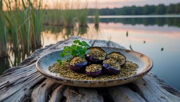 Eggplant Bowls with Grain and Herb Garnish at Sunset by Lake photo