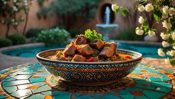Serving Savory Stew in Decorative Bowl on Outdoor Mosaic Table photo