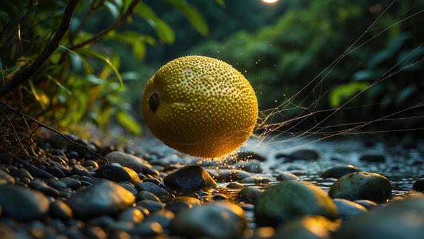 Spiky Fruit Floating Above Rocks by Water with Jungle Backdrop photo