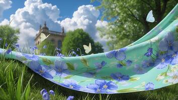 Fabric with Floral Pattern Adorned by Butterflies in Grassy Field photo