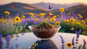 Bowl of Grain Salad on a Reflective Table with Flower Background photo
