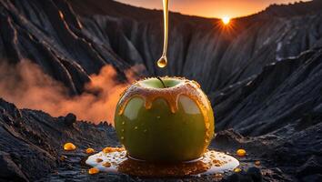 Honey Dripping on Green Apple in a Dramatic Mountain Landscape photo