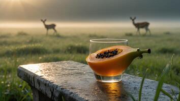 Papaya Half in Glass on Bench with Deer in Foggy Field photo