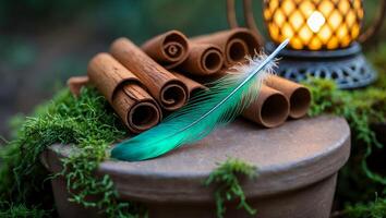 Arrangement with Cinnamon Sticks Green Feather and Decorative Lantern photo