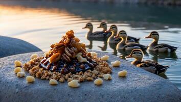 Nuts and Caramel Dessert Presented with Ducks Swimming in Background photo