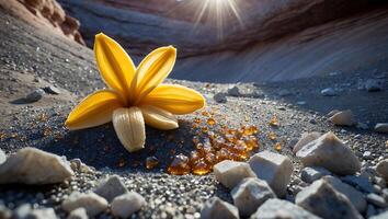 Creating Flower From Banana Peel in Desert Landscape with Gemstones photo