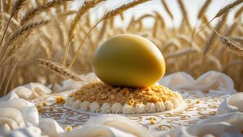 Golden Sphere on Cake with Wheat Field in Background Close Up photo