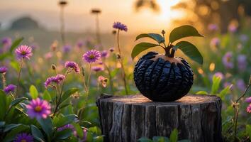 Sprout on Stump Surrounded by Flowers at Sunset in Nature photo