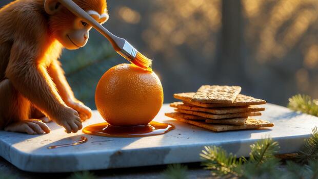 Monkey Painting Orange with Brush Next to Stack of Crackers photo