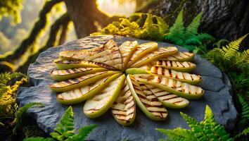Grilled Apple Slices Arranged on Stone Slab in Forest Setting photo