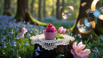 Serving Pink Dessert in a Woodland Setting Surrounded by Flowers photo