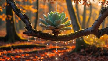 Hanging Succulent with Water Drops on Branch in Autumn Forest photo