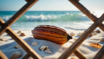 Cocoa Bean on Sand with Seashells and Ocean View Behind Lattice photo