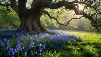 Majestic Old Tree and Bluebell Meadow Illuminated by Golden Sunlight photo