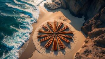 Cinnamon Sticks Arranged on Beach Sand Near Ocean and Coastal Cliffs photo