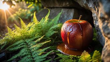 Caramel Apple Drizzled and Placed in Natural Setting with Ferns photo