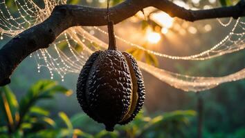 Hanging Fruit on Tree Branch with Dew Covered Spiderwebs in Sunlight photo
