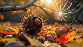 Chestnut in Autumn Leaves with Dewy Spiderweb and Sunlight photo