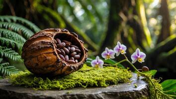 Cocoa Beans in Shell Cup with Orchid in Jungle Setting photo