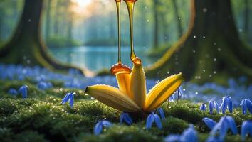 Honey Drizzling Onto Exotic Flower in a Dreamy Forest Glade photo