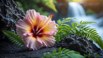 Blooming Hibiscus Flower by a Small Waterfall with Ferns and Rocks photo