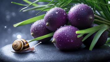 Snail Crawling Near Purple Fruits with Water Droplets on Black Stone photo