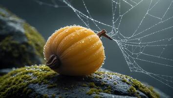 Small Yellow Pumpkin Resting on Mossy Rock with Dew Covered Web photo