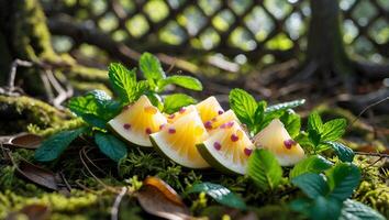 Sliced Fruit and Mint Leaves on Mossy Forest Floor Display photo
