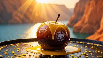 Delicious Caramel Apple Dessert with Dripping Sauce and Mountain Backdrop photo
