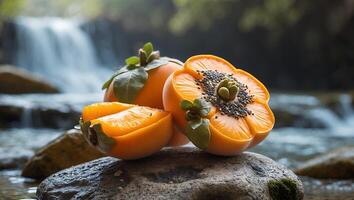 Arrangement of Orange Fruits with Seeds Near Waterfalls Over Rocks photo