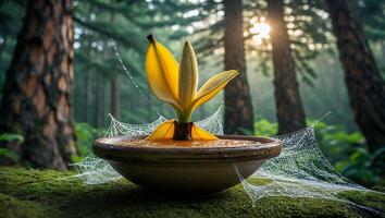 Arrangement with Yellow Flower in Bowl Surrounded by Spiderwebs in Forest photo