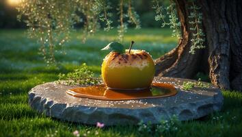 Baked Apple with Caramel on Stone Slab in Summer Garden Scene photo