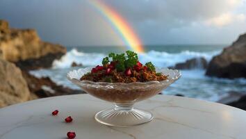 Grain Salad Garnished with Pomegranate and Parsley Near Ocean Rainbow photo