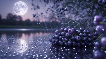 Blackberries on Reflective Surface Under Moonlit Sky with Spiderweb Detail photo
