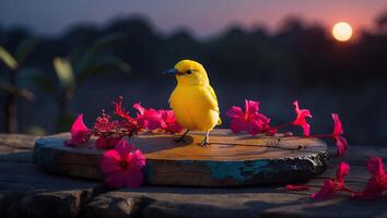 Yellow Bird Standing on Wooden Surface with Pink Flowers at Sunset photo