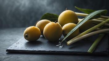 Arrangement of Santol Fruits with Water Droplets and Grass Stalks photo