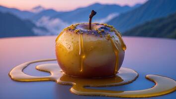 Caramel Apple Drizzled with Sauce Against Scenic Mountain Backdrop photo