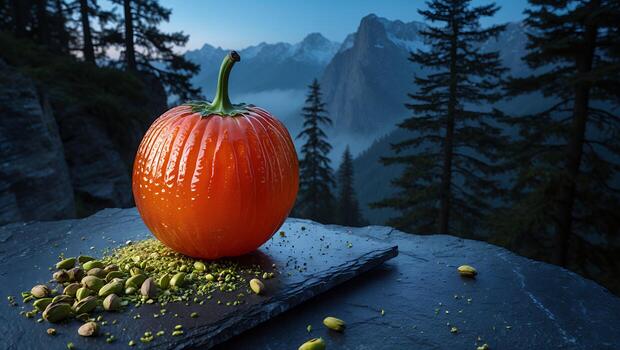 Placing Fruit with Pistachios on Stone with Mountain Background photo